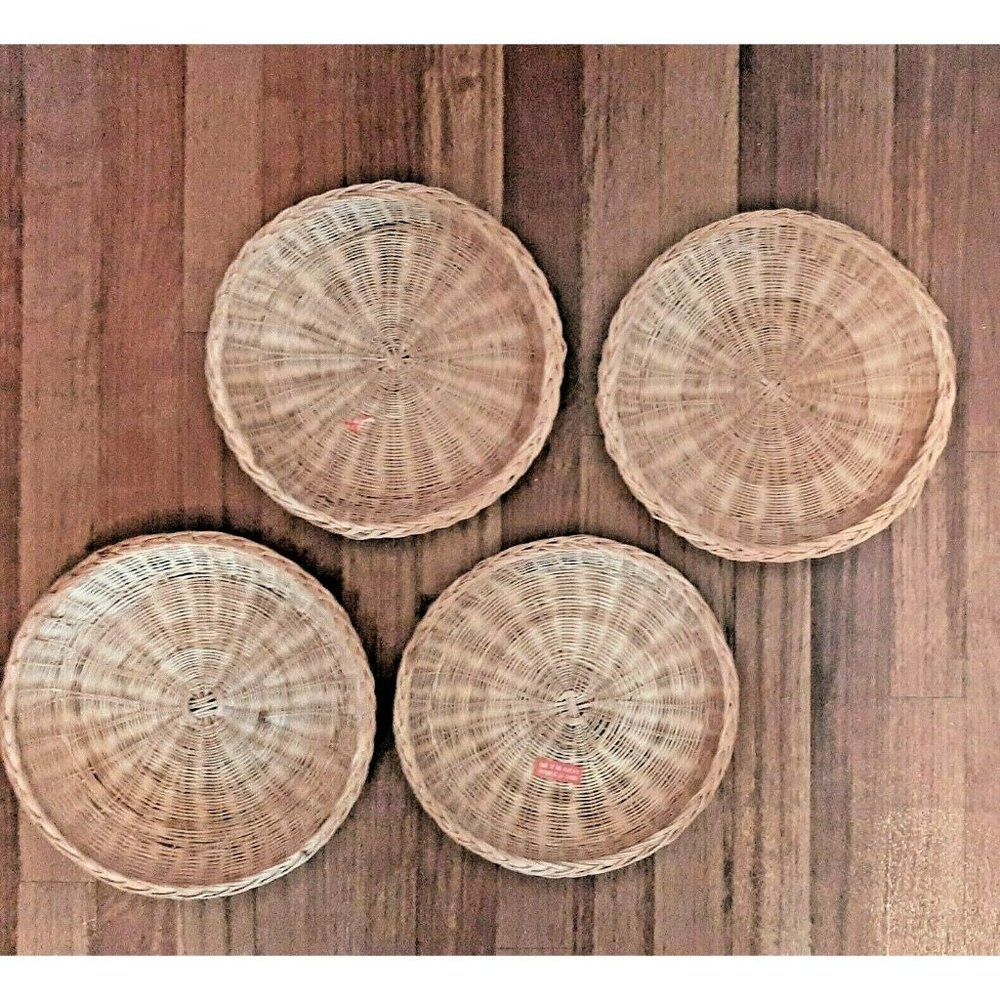 4 VTG Wicker Rattan Paper Plate Holders Natural Beige Chargers Picnic Kitchen